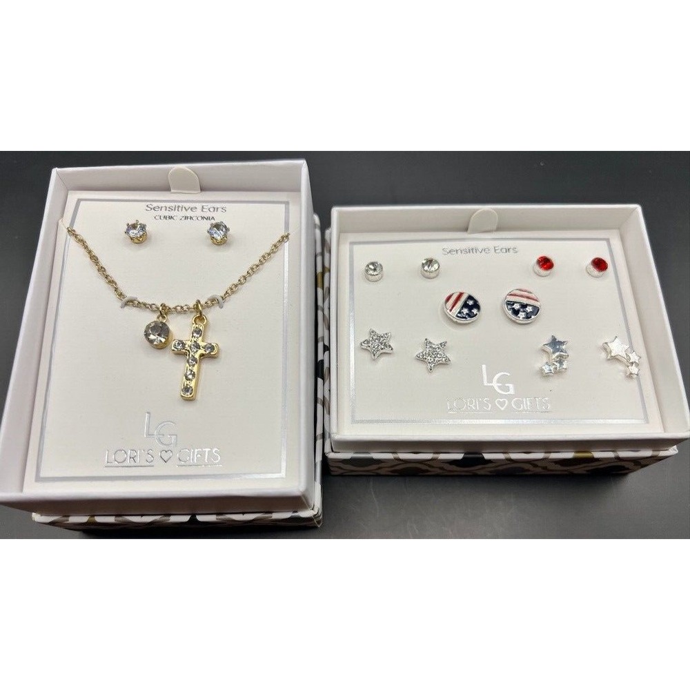 Loris Gifts Christian Cross Necklace Set & Patriotic Earrings Cubic Zirconia New